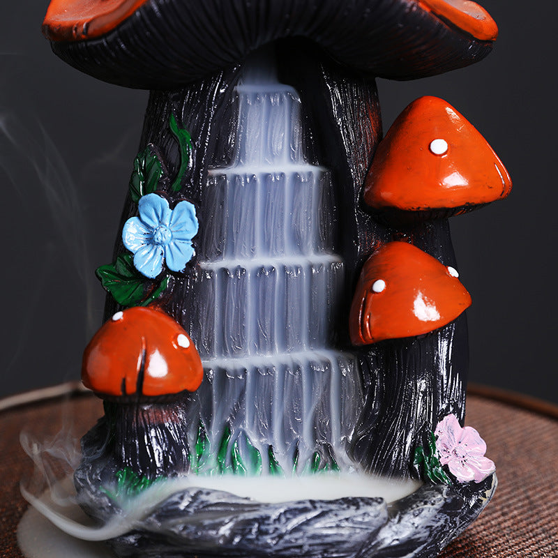 1pc, Mushroom House Type Waterfall Backflow Incense Burner, Handmade Resin Incense Holder For Home Relaxation, Halloween And Easter Home Decoration Desktop Decor (Without Incense Cones)