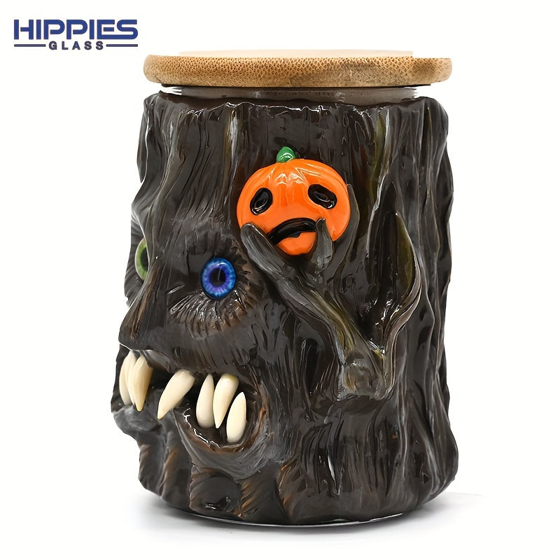 1pc Glass Smoking Ashtray,Polymer Clay Tobacco Container With Halloween Skull Pumpkin Haunted House,Hand Painted Tobacco Storage Sealed Jar With Lid,Halloween Christmas Gift