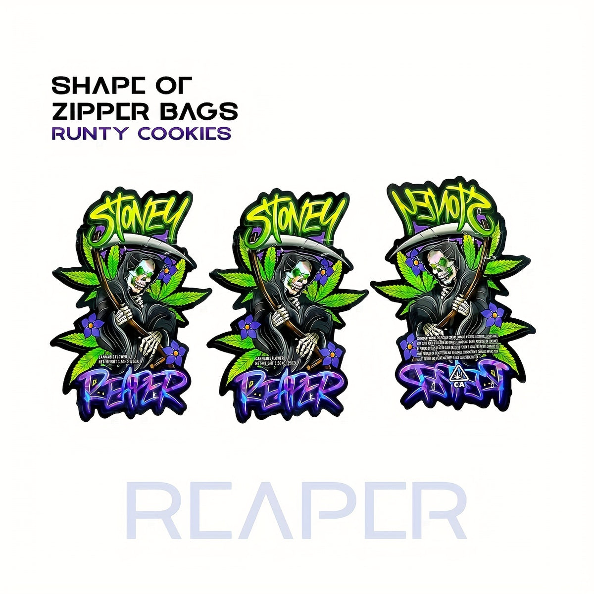 10pcs/lot 3.5gram 12.5*17.7cm/ 4.92*6.97inch POCHON STONEY REAPER 3D Mylar Bag Zipper Bags Design Bags Resealable Bag Plastic Packing Bags Smell Proof Bag Shape Of Zipper Bags Cookies Gift Snack Bags Kids Gift