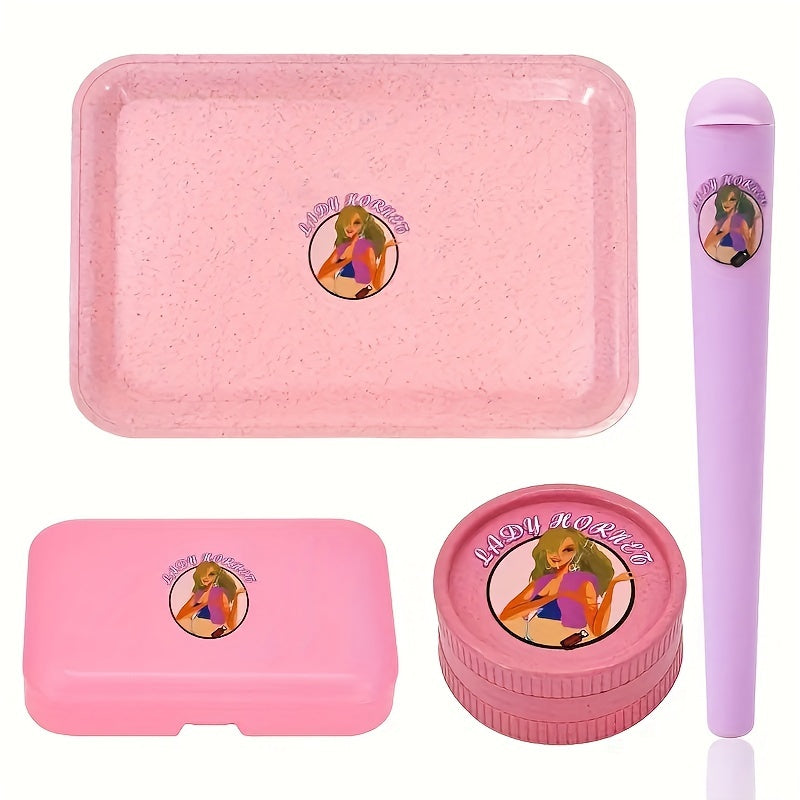 4pcs/set, Perfect Combination Of Smoking Set, Pink Plastic Cigarette Case, Medicine Box, Humidifier Box, Small Tube Storage Tube, Plastic Degradable Material Cigarette Grinder, Plastic Cigarette Tray