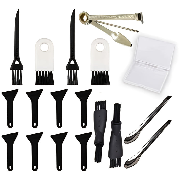 18pcs/set, Black Scrapers, LoutLivs Brushes And Spoons Kit With 3 In 1 Cleaning Tool For Grinder, 8pcs Scrapers, 8pcs 4 Types Of Brushes, 2 Spoons, Storage Box, Smoking Accessaries