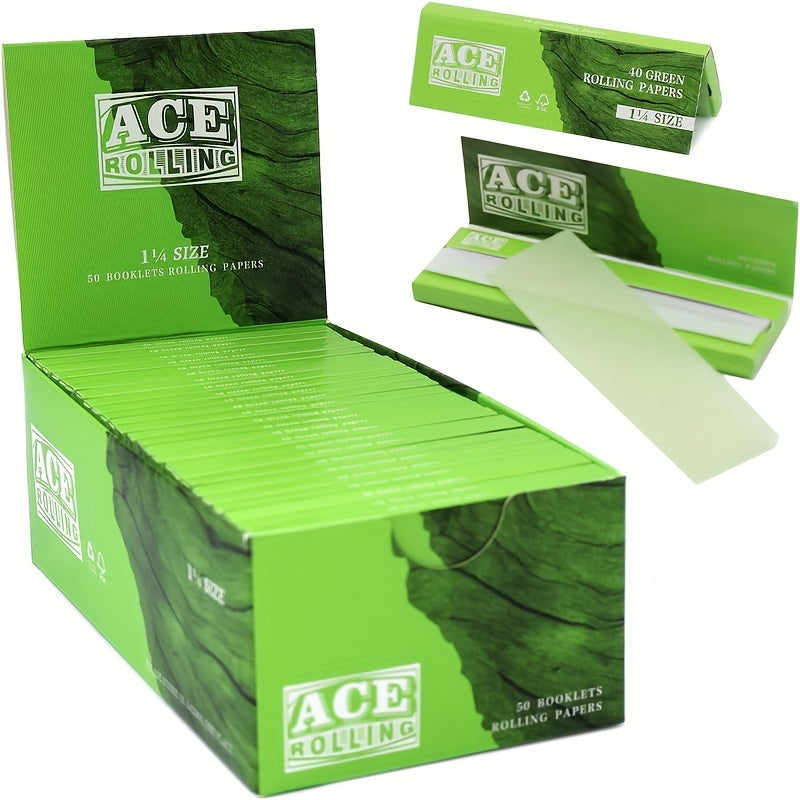 1 Set ACE Rolling Papers, Green Papers | 50 Booklets Per Pack | 1 1/4 Natural Gum Arabic 78 MM 3 Inch | 40 Papers Per Booklet