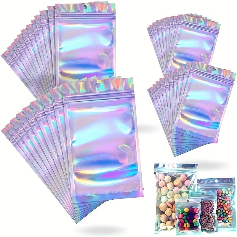 20/50pcs Resealable Smell Proof Bags, Holographic Foil Pouch Bag, Flat Zip Lock Bag For Food Candy Jewelry Screw