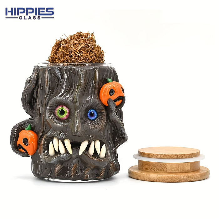 1pc Glass Smoking Ashtray,Polymer Clay Tobacco Container With Halloween Skull Pumpkin Haunted House,Hand Painted Tobacco Storage Sealed Jar With Lid,Halloween Christmas Gift