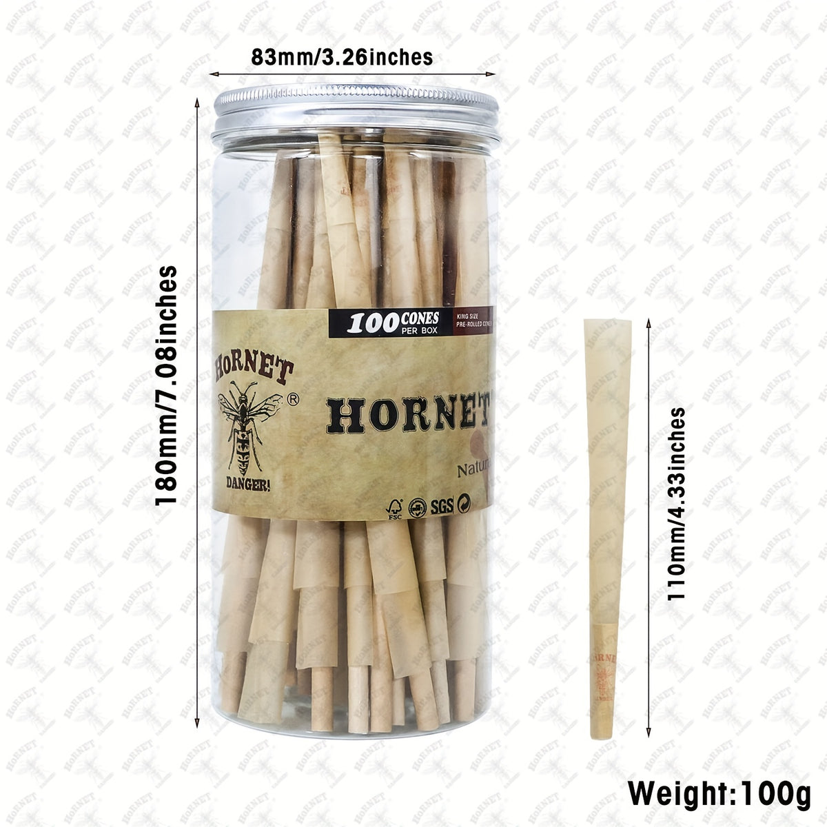 100pcs, Honeypuff Pre Rolled Cones (110mm/4.33inches), Tapered Paper With Tips On The Roll, Suitable For Regular Flavor Paper, Translucent Pre-Rolled Cones, Cigarette Paper, Hornet Natural Unrefined Rolling Paper, Cones King Size