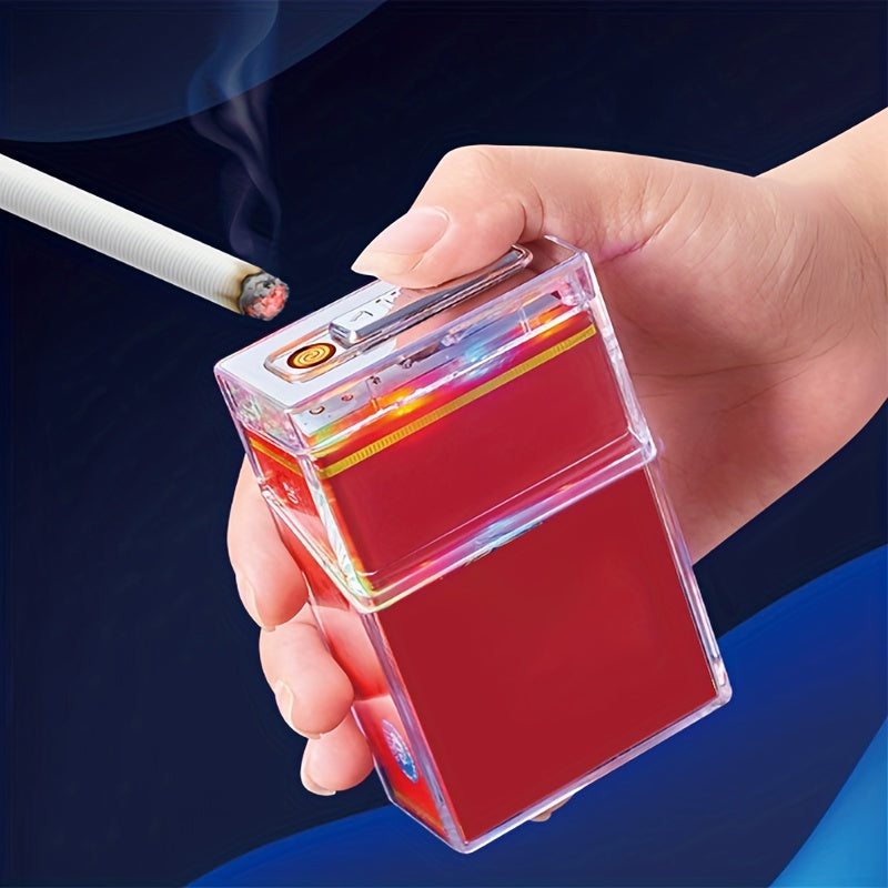 1pc, 2 In 1 Cigarette Case & Lighter, USB Rechargeable Transparent Cigarette Case With Ambient Light And Ignition Device, Anti-pressure And Moisture-proof Cigarette Case, Lighters For Candles Grill BBQ Camping Smoking, Chrismas Gifts, Halloween Gifts