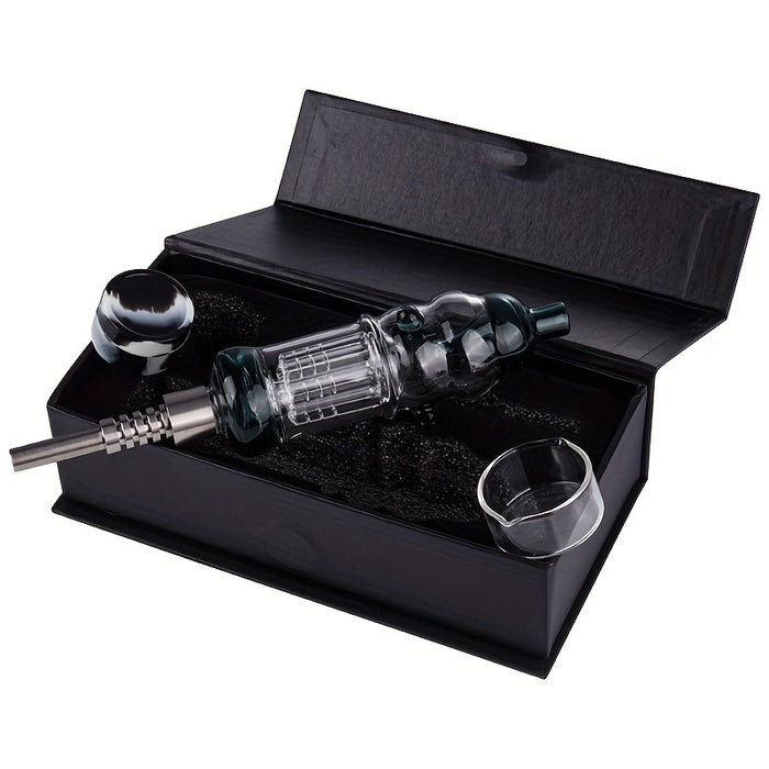 1set Portable Box Smoking Pipe 510 Titanium Ceramic Quartz Nail Wax Dish OD 32mm Arm Tree Perc Colorful Dab Rig Glass Water Bong About 5.36 Inches Tube Bubbler