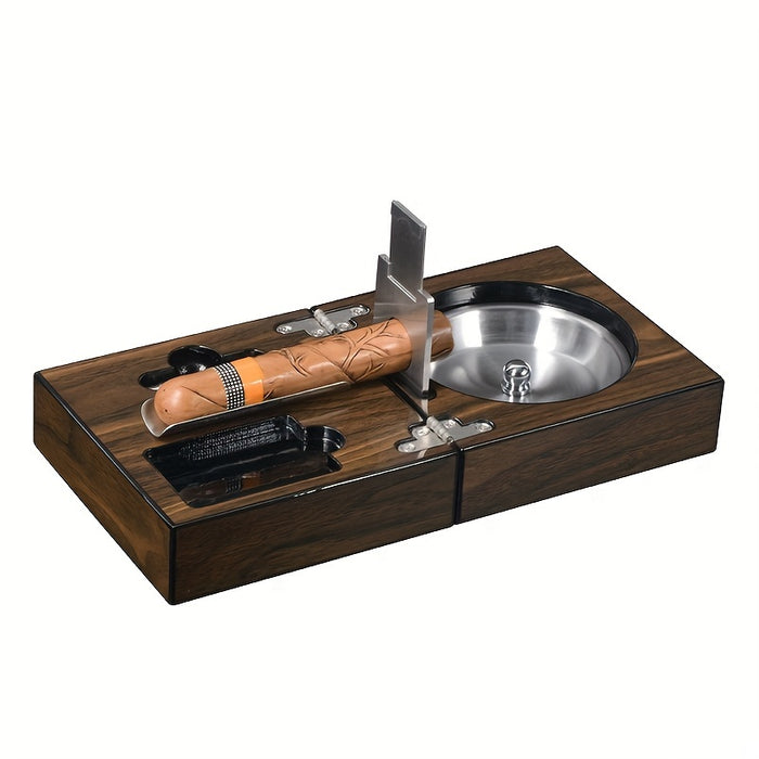 1pc Cigar Ashtray Stainless Steel Matching AccessoriesCompact Ash Tray With Cutter & Punch Guillotine Cutter, Punch Cutter, Cigar Bed, Stainless Ash Reservoir