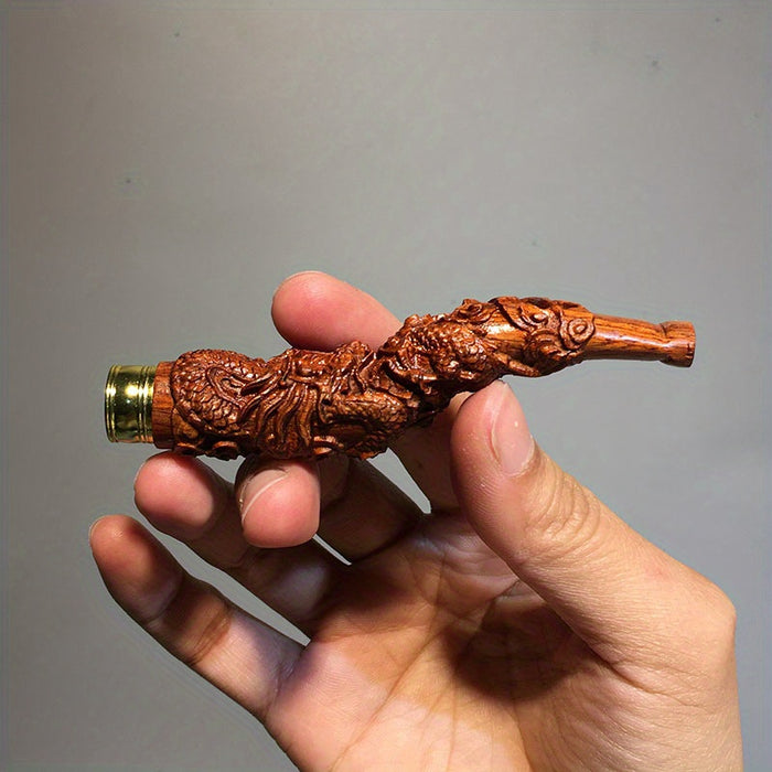 1pc Cigarette Holder Wood Carving Coiled Dragon Wooden Curved Cigarette Holder Thick And Thin Two-way Integrated