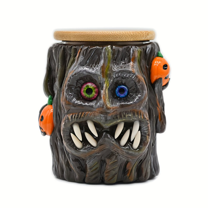 1pc Glass Smoking Ashtray,Polymer Clay Tobacco Container With Halloween Skull Pumpkin Haunted House,Hand Painted Tobacco Storage Sealed Jar With Lid,Halloween Christmas Gift