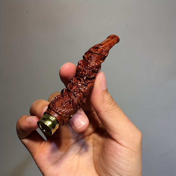 1pc Cigarette Holder Wood Carving Coiled Dragon Wooden Curved Cigarette Holder Thick And Thin Two-way Integrated