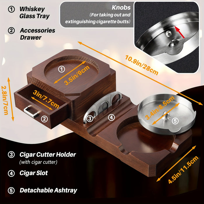 1pc Cigar Ashtray, Whiskey Glass Tray And Wooden Ashtray, Removable Outdoor Ashtray, Cigar Accessories Gift Set With Cigar Clippers, Great Decorations For Home Office, Cigar Gifts For Men