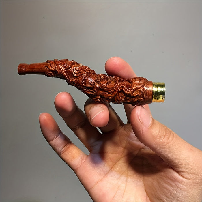 1pc Cigarette Holder Wood Carving Coiled Dragon Wooden Curved Cigarette Holder Thick And Thin Two-way Integrated