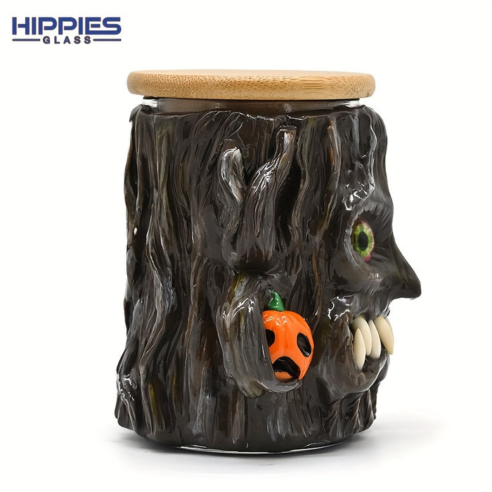 1pc Glass Smoking Ashtray,Polymer Clay Tobacco Container With Halloween Skull Pumpkin Haunted House,Hand Painted Tobacco Storage Sealed Jar With Lid,Halloween Christmas Gift