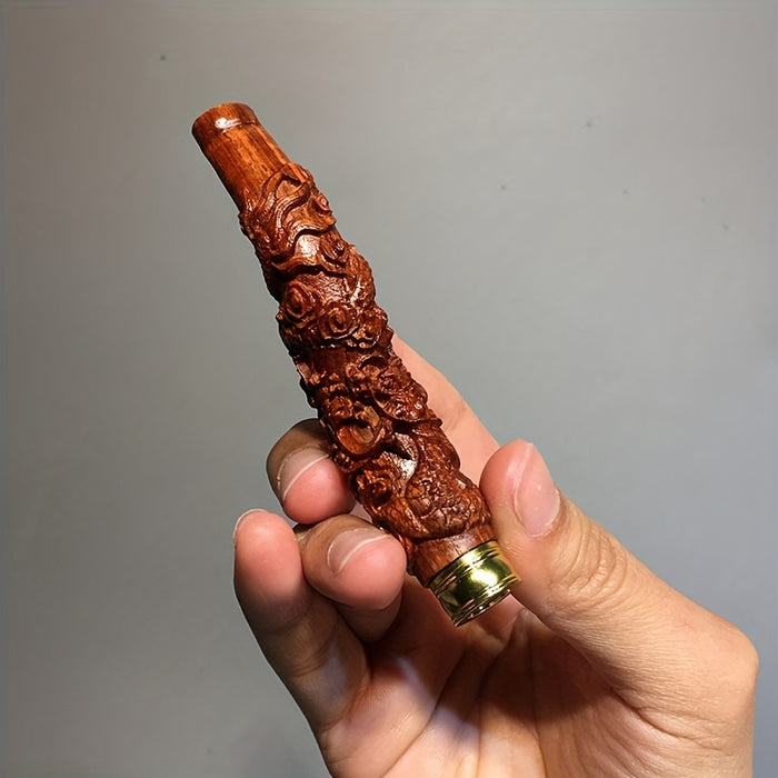 1pc Cigarette Holder Wood Carving Coiled Dragon Wooden Curved Cigarette Holder Thick And Thin Two-way Integrated