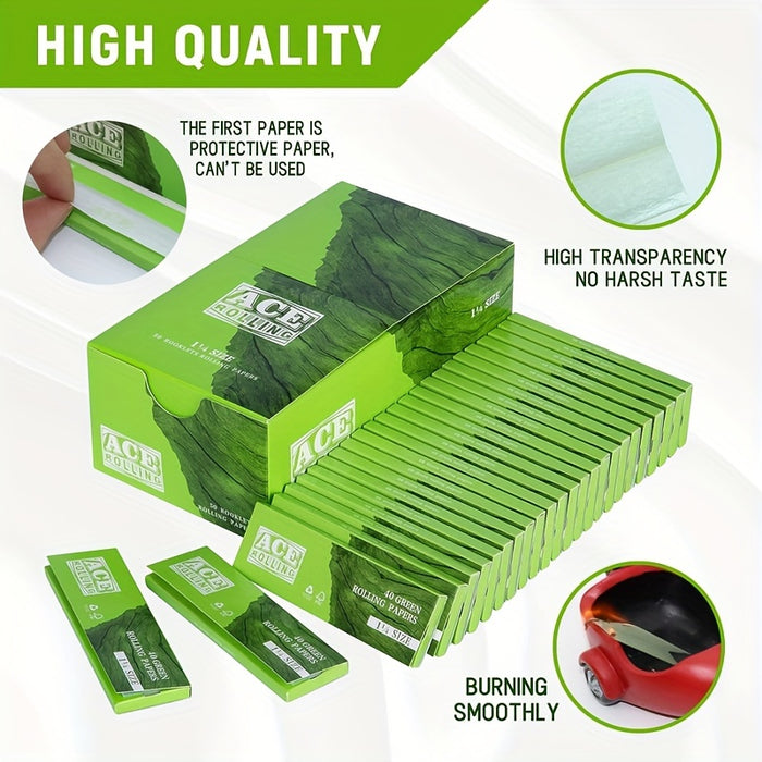 1 Set ACE Rolling Papers, Green Papers | 50 Booklets Per Pack | 1 1/4 Natural Gum Arabic 78 MM 3 Inch | 40 Papers Per Booklet