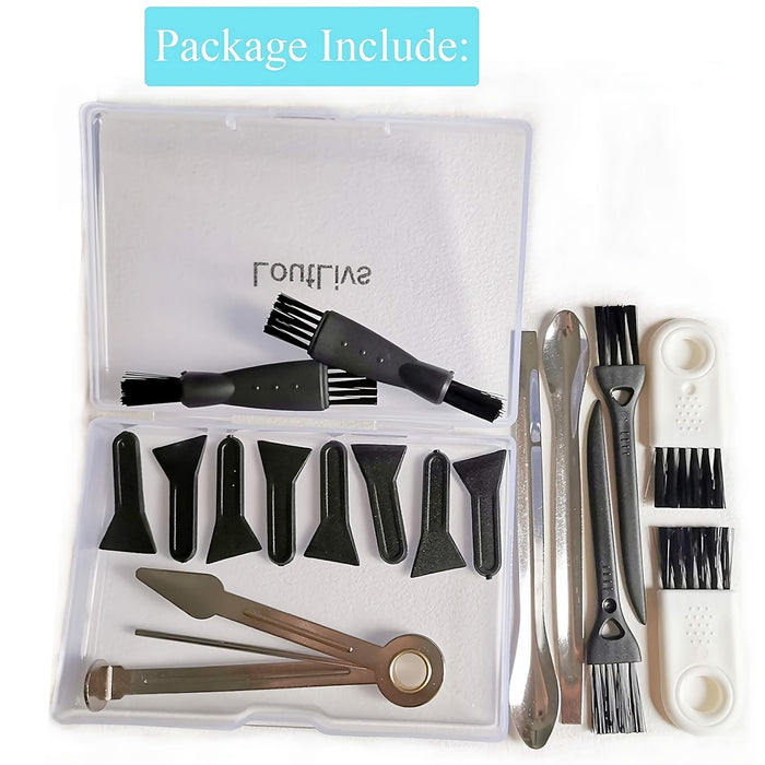 18pcs/set, Black Scrapers, LoutLivs Brushes And Spoons Kit With 3 In 1 Cleaning Tool For Grinder, 8pcs Scrapers, 8pcs 4 Types Of Brushes, 2 Spoons, Storage Box, Smoking Accessaries