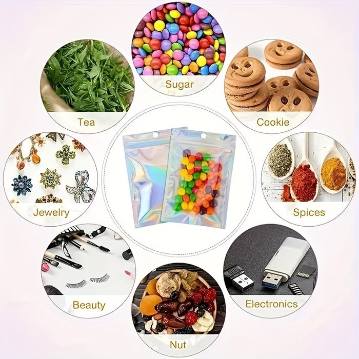 20/50pcs Resealable Smell Proof Bags, Holographic Foil Pouch Bag, Flat Zip Lock Bag For Food Candy Jewelry Screw