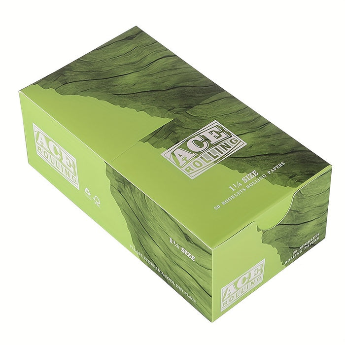 1 Set ACE Rolling Papers, Green Papers | 50 Booklets Per Pack | 1 1/4 Natural Gum Arabic 78 MM 3 Inch | 40 Papers Per Booklet