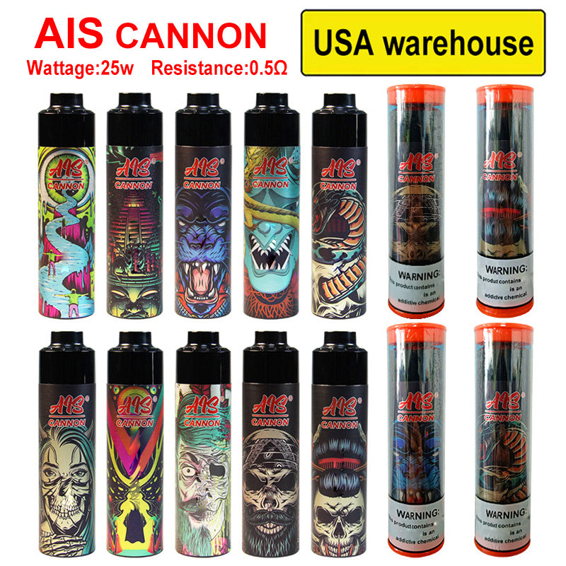 2Pcs US Warehouse Eletronic Cigarette Disposable Vape Pen Ais Cannon Big Cloud Strong Puff Mesh Coil cartridge Rechargeable 15ML 10 Flavors 25W 0.5Ω 1200MAH Vapor